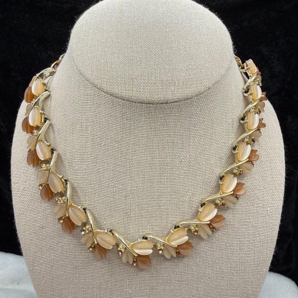 Vintage Thermoset Necklace Gold Tone Brown Leaves Rhinestone Adjustable 15”